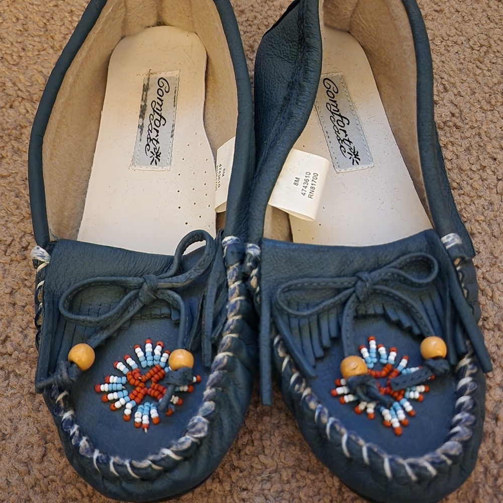 Blue Moccasins with Beadwork and Whipstitching